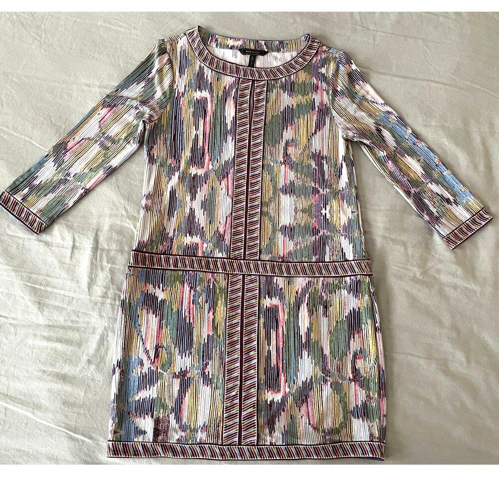 BCBG MAXAZRIA multi-color dress SZ Sm 3/4 sleeve drop waist dress